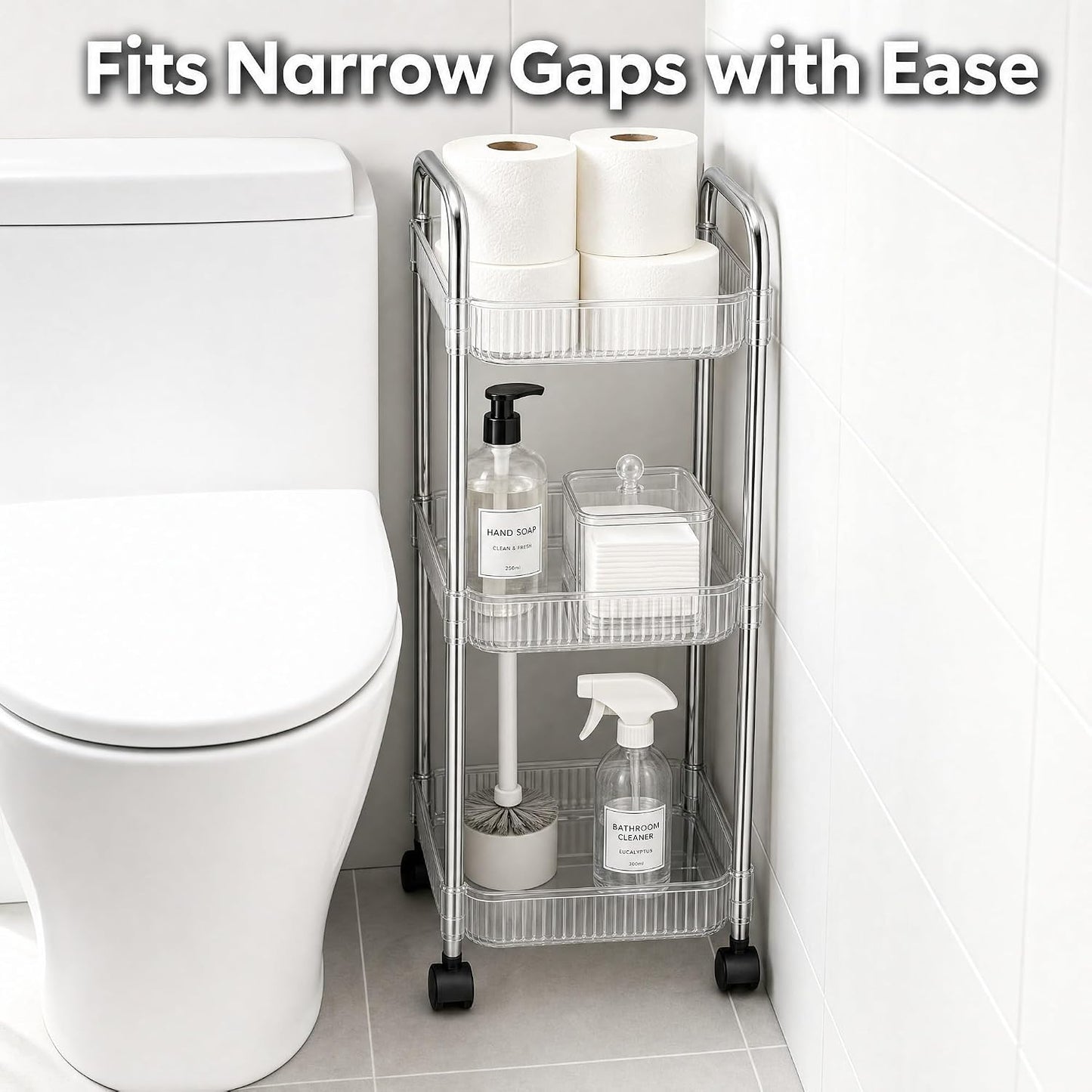 3 Tier Rolling Cart with Lockable Wheels, Clear Acrylic Slim Utility Cart, 13" x 8.3" x 26" Narrow Storage Organizer for Bathroom, Kitchen, Office - Lightweight & Tool-Free Assembly (Clear)