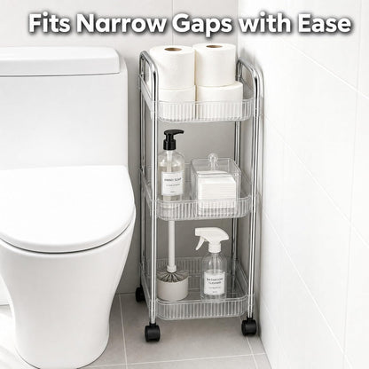 3 Tier Rolling Cart with Lockable Wheels, Clear Acrylic Slim Utility Cart, 13" x 8.3" x 26" Narrow Storage Organizer for Bathroom, Kitchen, Office - Lightweight & Tool-Free Assembly (Clear)