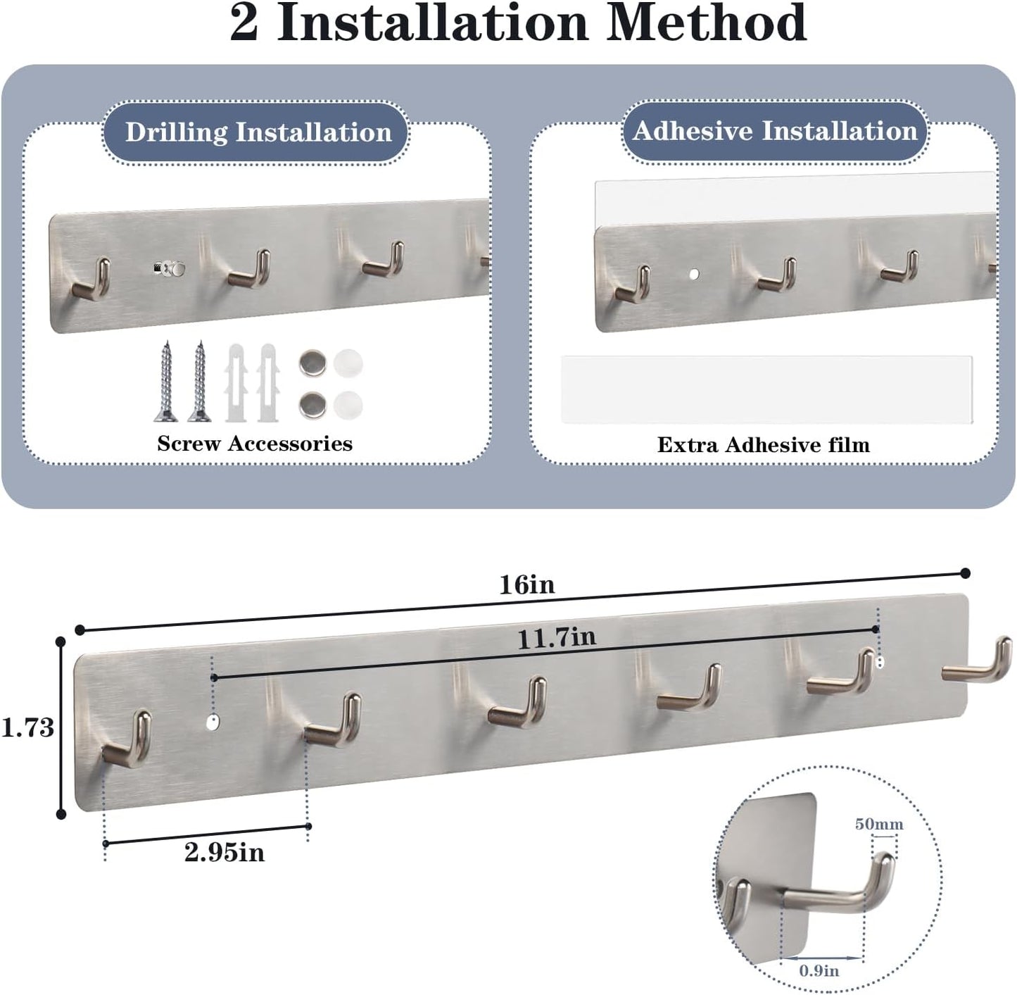 Coat Rack Wall Mounted, Heavy Duty Wall Hooks for Hanging Keys Purse Towel Coat, Premium Stainless Steel Entry Coat Hooks Rack, Large Adhesive Key Holder Towel Racks for Bathroom RV (Black)