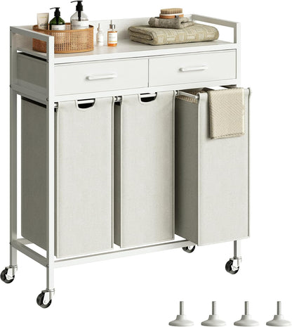 Herture Laundry Sorter 3 Section Laundry Hamper with Shelf, Durable 3 Section Laundry Basket with Rolling Wheels & Storage Drawers, 3 x 13.26 Gallons (50L), White PF09XLW
