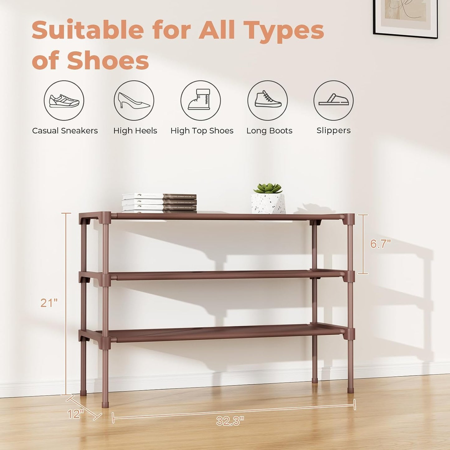 32.3" Widening Design Shoe Rack for Closet 16 Pairs Small Spaces Non-Woven 3 Tier Shoe Organizer Stackable Metal Shoe Shelf for Entryway, Bedroom