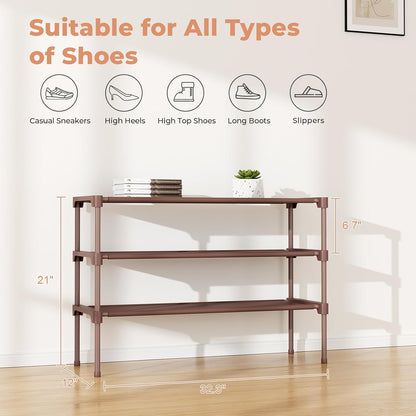 32.3" Widening Design Shoe Rack for Closet 16 Pairs Small Spaces Non-Woven 3 Tier Shoe Organizer Stackable Metal Shoe Shelf for Entryway, Bedroom