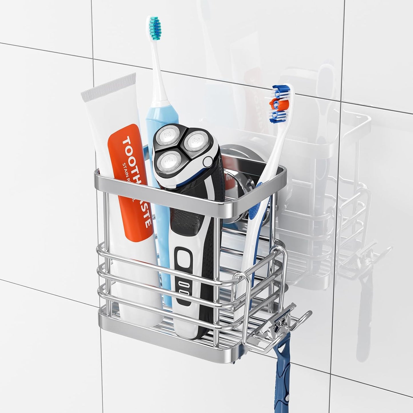 TAILI Upgraded Bathroom Mirror Suction Cup Toothbrush Holder with Razor Hook, Visible Safety Indicator, Large Capacity Inverted Trapezoid Design, Removable Shower Caddy for Toothbrush, Toothpaste, etc