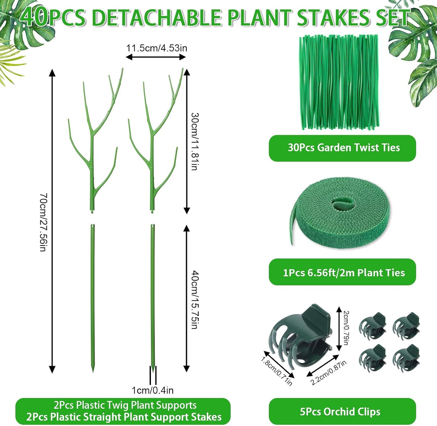 ROADPLUM 4 Pack 39.37" Detachable Twig Plant Support Stakes Set, Blends in to Plant, Branch Plant Sticks with Orchid Clips Twist Plant Ties, Twig Trellis for Indoor Outdoor Plants Potted Plants Flower