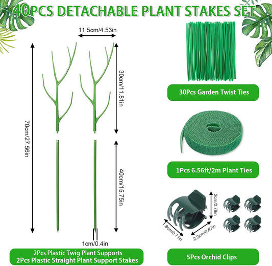 ROADPLUM 4 Pack 39.37" Detachable Twig Plant Support Stakes Set, Blends in to Plant, Branch Plant Sticks with Orchid Clips Twist Plant Ties, Twig Trellis for Indoor Outdoor Plants Potted Plants Flower