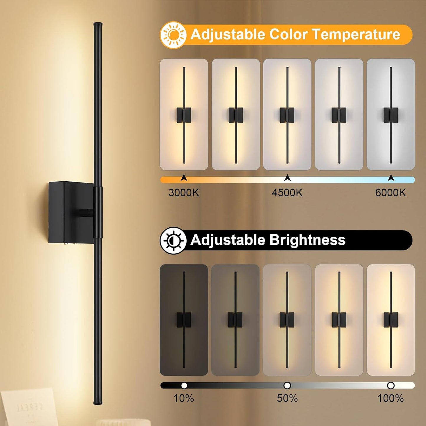 Battery Operated Wall Sconce Set of Two with Remote Control, 3000K-6000K Dimmable Black Wall Lights, Timable LED Wireless Wall Sconces, 350° Ratate for Bathroom, Living Room, Hallway 29.1 Inch
