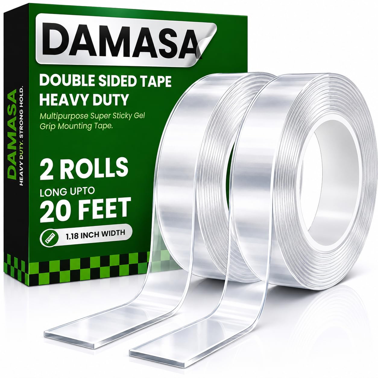 DAMASA Double Sided Tape Heavy Duty – 1.18" x 9.85 Ft Nano Gel Mounting Tape, Removable & Reusable, No Residue, for Walls, Glass, Tile, Picture Frames, Carpet & LED Strips (Crystal Clear)