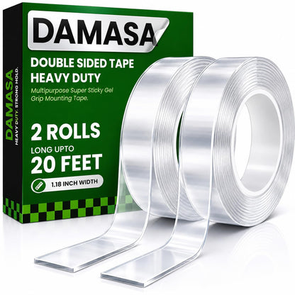 DAMASA Double Sided Tape Heavy Duty – 1.18" x 9.85 Ft Nano Gel Mounting Tape, Removable & Reusable, No Residue, for Walls, Glass, Tile, Picture Frames, Carpet & LED Strips (Crystal Clear)