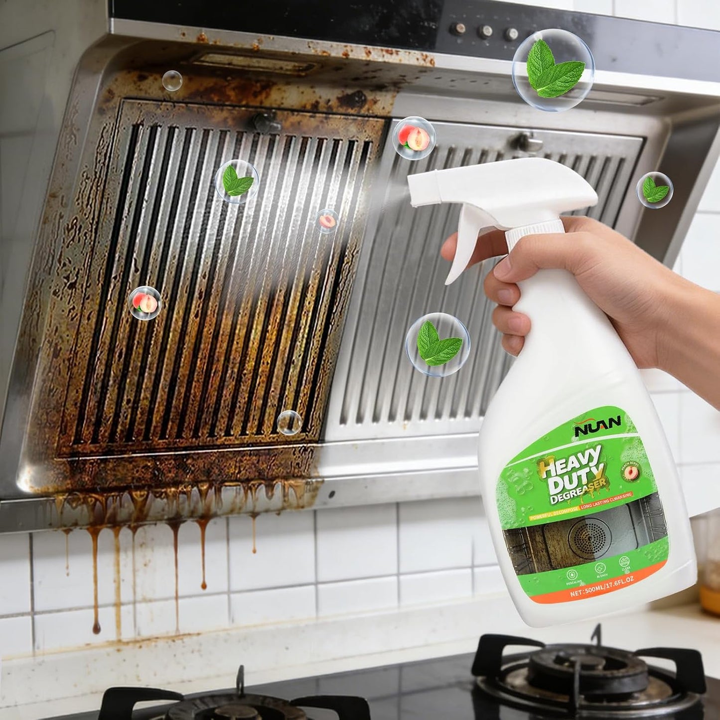 NUAN Heavy Duty Degreaser Spray, 500ML Kitchen Cleaner Spray, All Purpose Cleaner Multi Purpose Degreaser Cleaner Spray Removes Grease, Grime, And Stains On Microwave & Oven & Stove Top