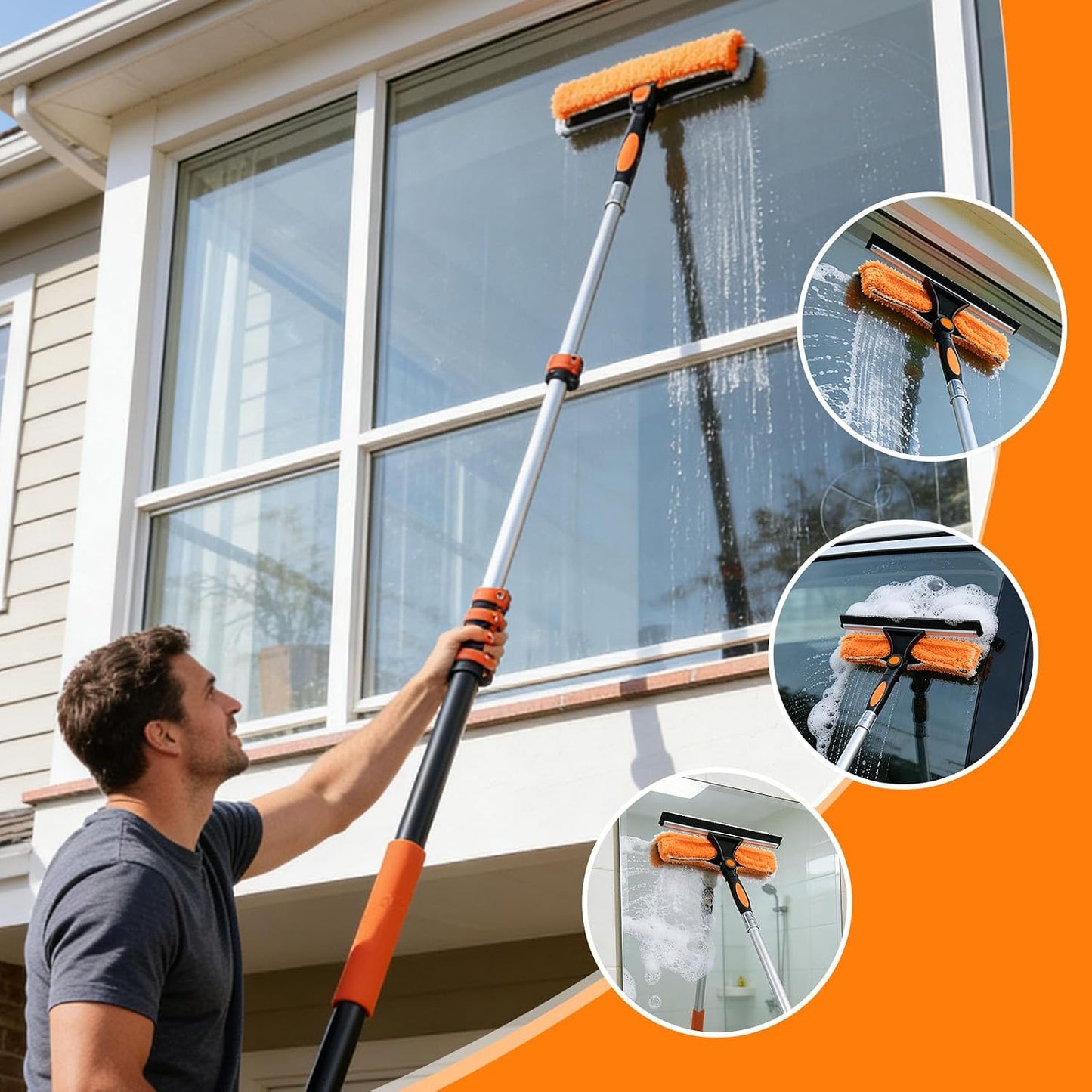 30FT High Reach Duster Kits with Dual Action Flip-Lock & Screw Fixing Design, 5-24FT Extension Pole, Cobweb Duster, Washable Ceiling Fan Cleaner & Window Squeegee for Glass & High Roof