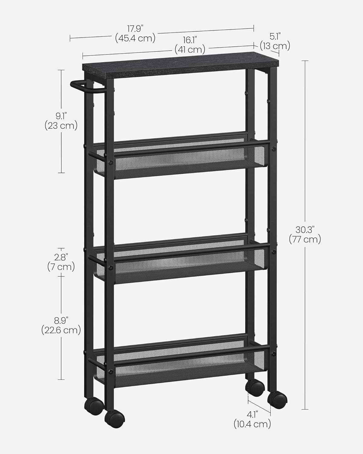 VASAGLE Slim Rolling Cart, 4-Tier Narrow Storage Cart with Handle, 5.1 Inches Deep, Metal Frame, for Kitchen, Dining Room, Living Room, Home Office, Rustic Brown and Classic Black ULRC032B01V1