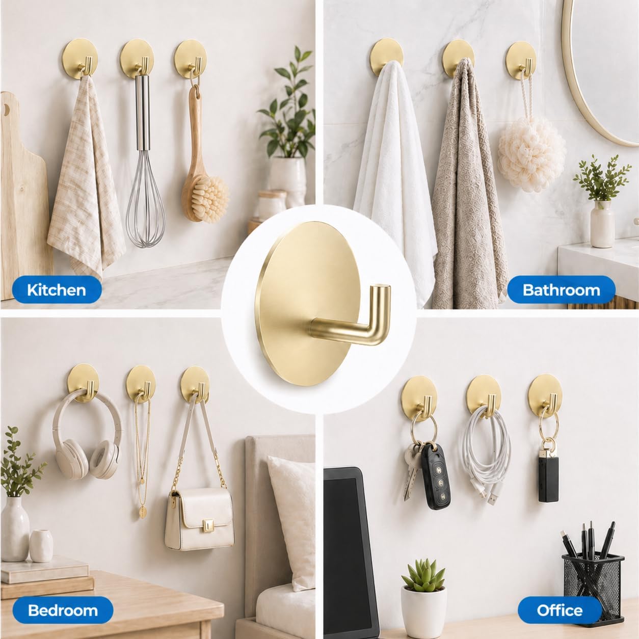 Removable Towel Hooks for Bathrooms, Heavy Duty Adhesive Hooks for Walls No Damage, Black Home Storage Hooks for Inside Shower, Sticky Hooks for Hanging Robe Coat Loofah Clothes Kitchen, 14Pcs Sus304