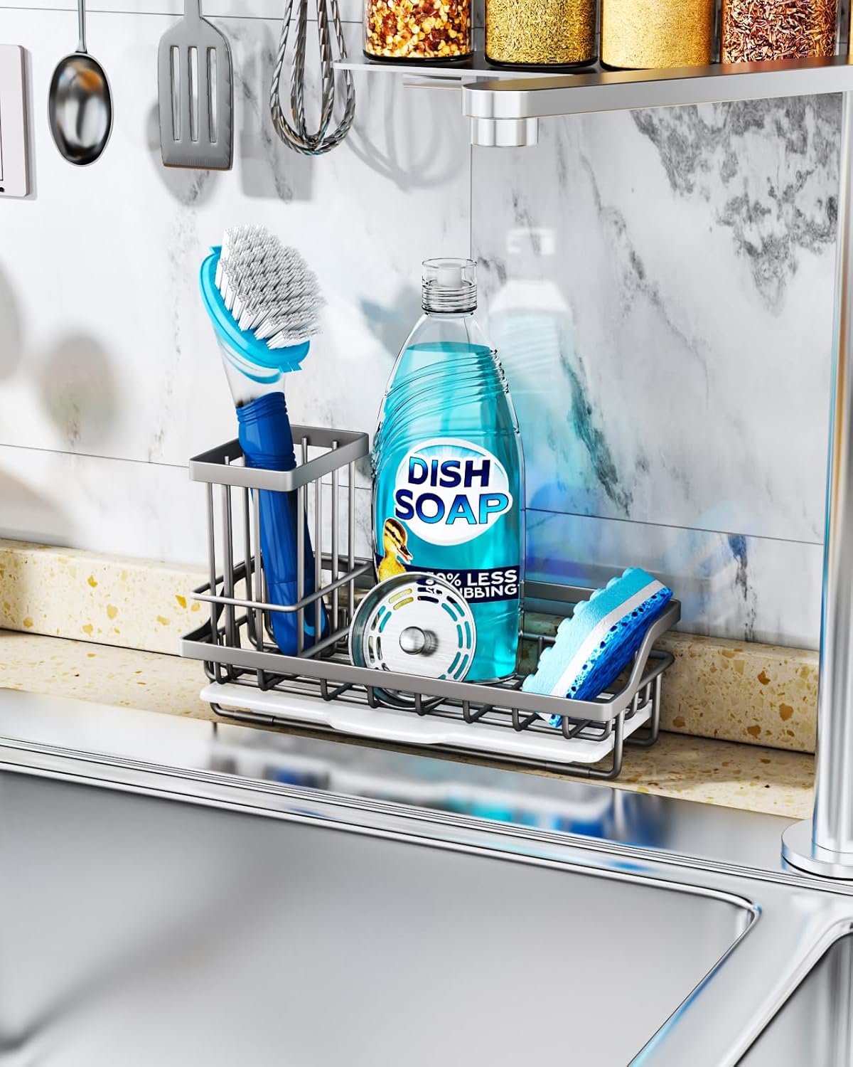 Consumest Sponge Holder for Kitchen Sink - Kitchen Sink Caddy Organizer with Removable Drip Tray for Countertop Dish Soap Dispenser Brush Storage Accessories 304 Stainless Steel - Black