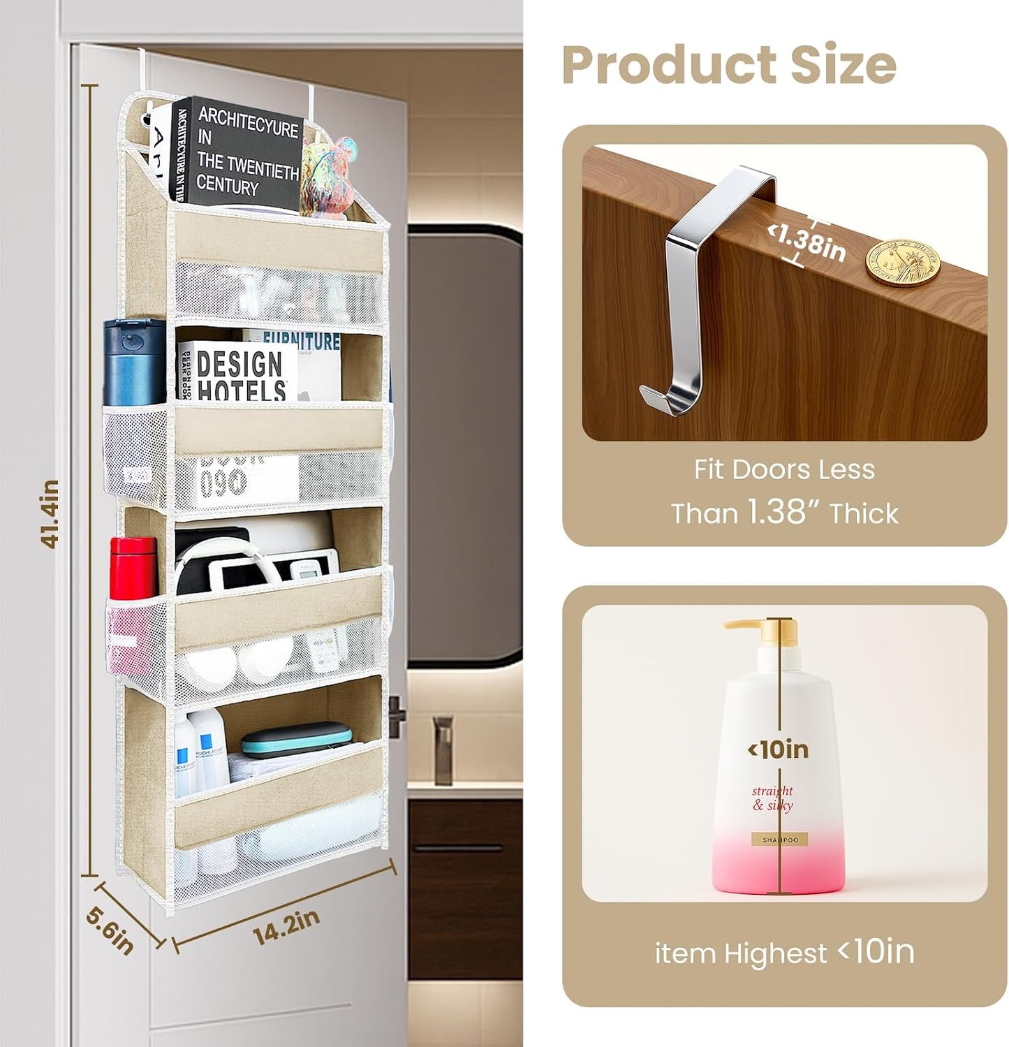 Over The Door Organizer with LifetimeWarranty, 4 Shelves & 4 Side Pockets, Large Storage Rack Holds 44lb, Heavy-Duty Reinforced Mesh Shelf for Bathroom, Closet, Toy Organization, Shoes, Towels, Grey