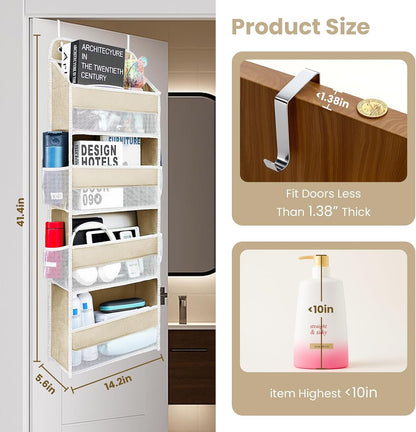 Over The Door Organizer with LifetimeWarranty, 4 Shelves & 4 Side Pockets, Large Storage Rack Holds 44lb, Heavy-Duty Reinforced Mesh Shelf for Bathroom, Closet, Toy Organization, Shoes, Towels, Grey