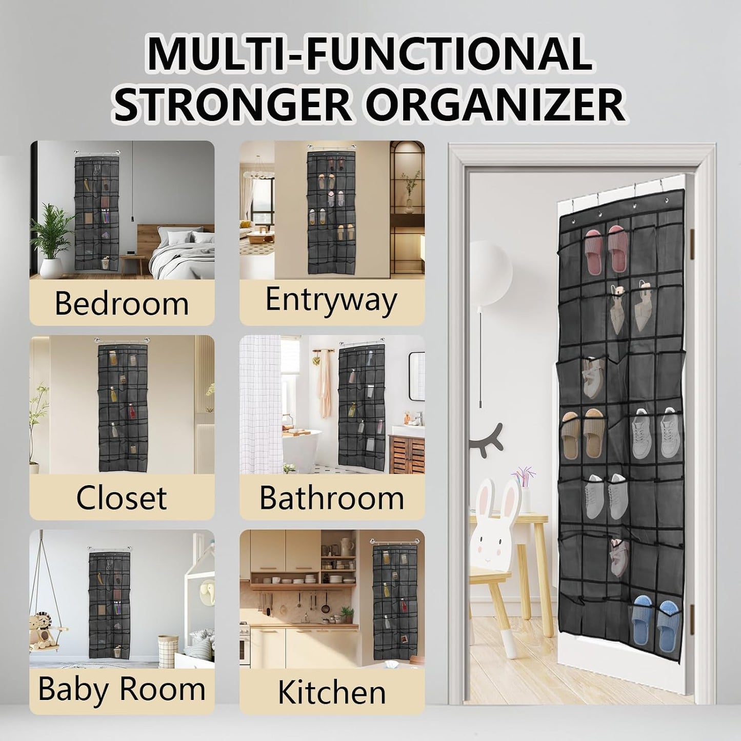 Over the Door Shoe Organizer, 12 Mesh Pockets Hanging Shoe Organizer with 4 Metal Hooks (Black)