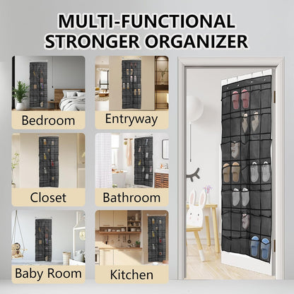 Over the Door Shoe Organizer, 12 Mesh Pockets Hanging Shoe Organizer with 4 Metal Hooks (Black)