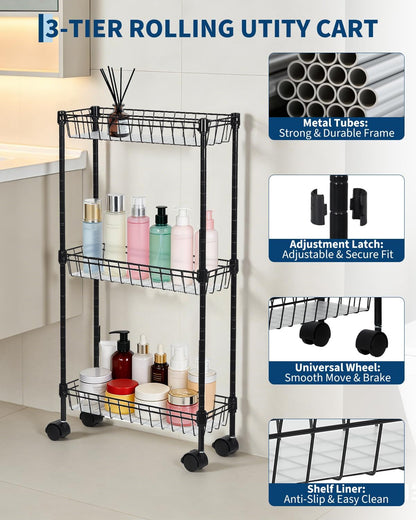 GarveeHome Slim Rolling Storage Cart, 4 Tier Metal Utility Cart with Wheels, Adjustable Shelving Unit Basket for Kitchen Bathroom Laundry Room Living Room & Narrow Corner, 15.75"X5.91"X31.5", Black