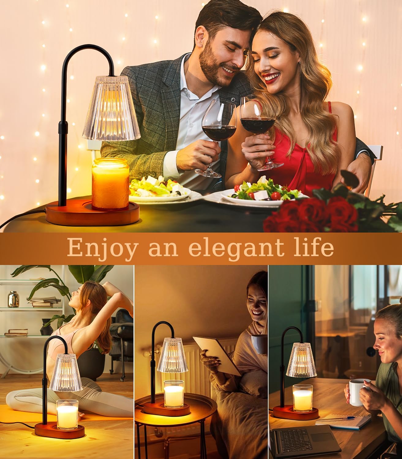 Candle Warmer Lamp with Timer - Electric Candles Wax Warmers Glass Lamps for Jar Candles Burner Adjustable Height and Dimmable Light Modern No Flame Scented Candle Warming Lantern, Amber