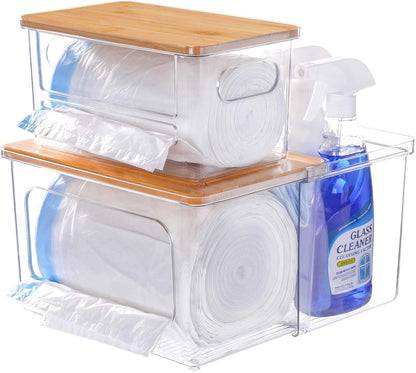 iCASA Trash Bag and Dishwasher Pod Dispenser - 3 in 1 Clear Storage Bins Holder for 13/30/33 Gallon Garbage Bags, Laundry Detergent Pods & Tabs, Under Sink Organizer for Kitchen and Laundry Room