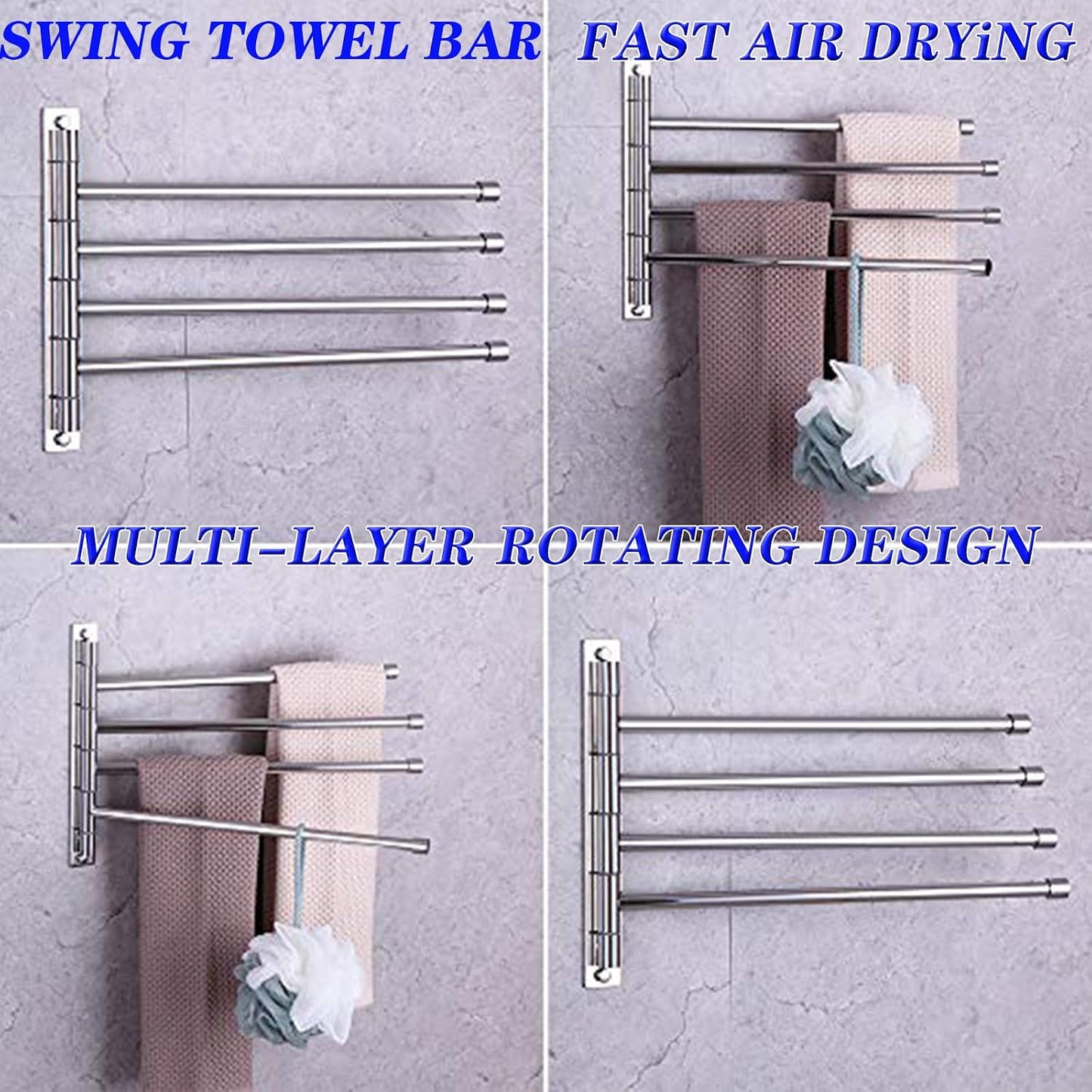 GERZWY Wall Mount Bath Towel Rack with 4 Arms Stainless Steel Bathroom Swing Arm Towel Bars Organizer, White
