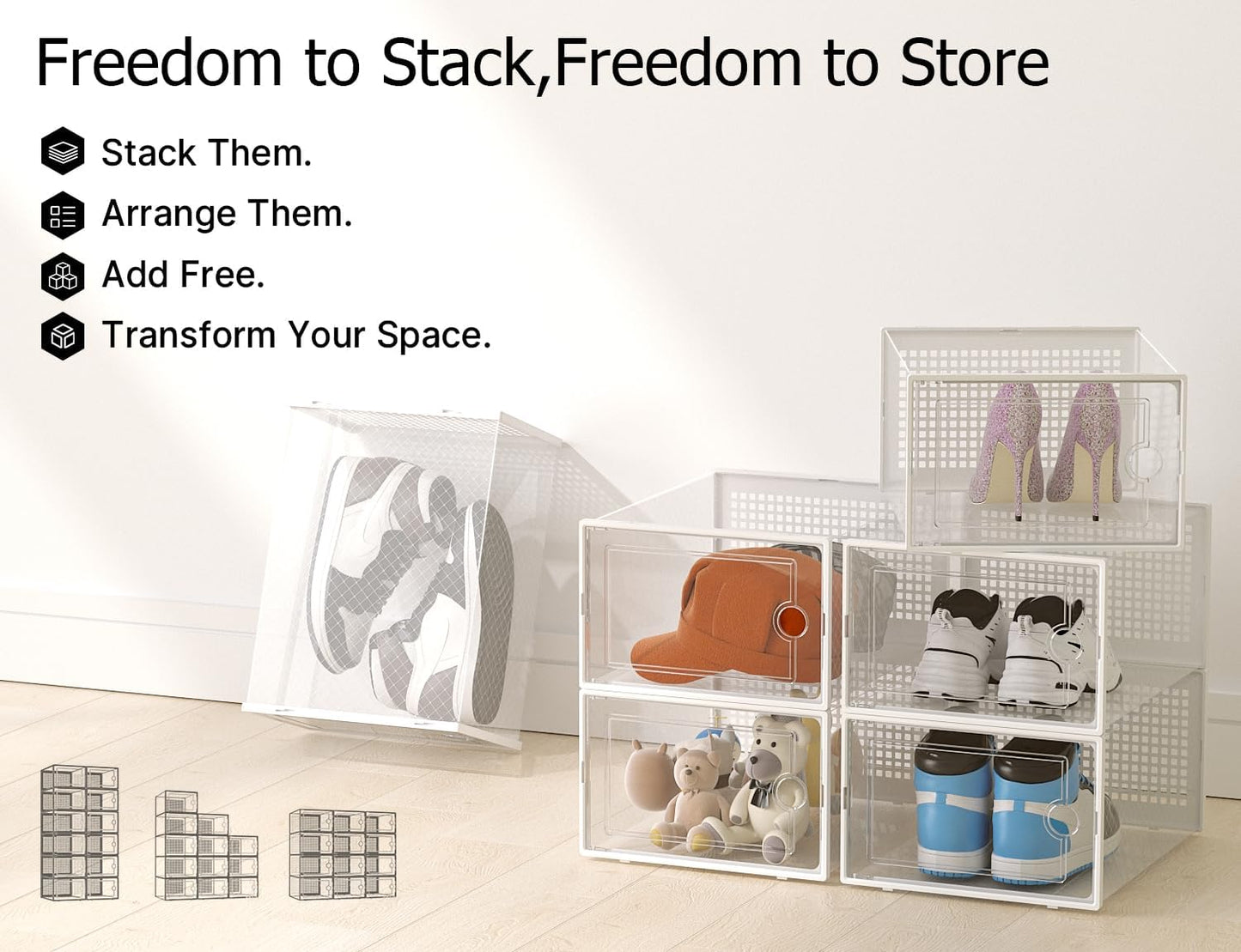 Kuject X-Large Shoe Storage Boxes Organizers for Closet 12 Pack, Fit Size 11,Clear Plastic Stackable Sneaker Containers for Entryway, Space Saving Shoe Rack, Brown