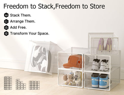 Kuject X-Large Shoe Storage Boxes Organizers for Closet 12 Pack, Fit Size 11,Clear Plastic Stackable Sneaker Containers for Entryway, Space Saving Shoe Rack, Brown