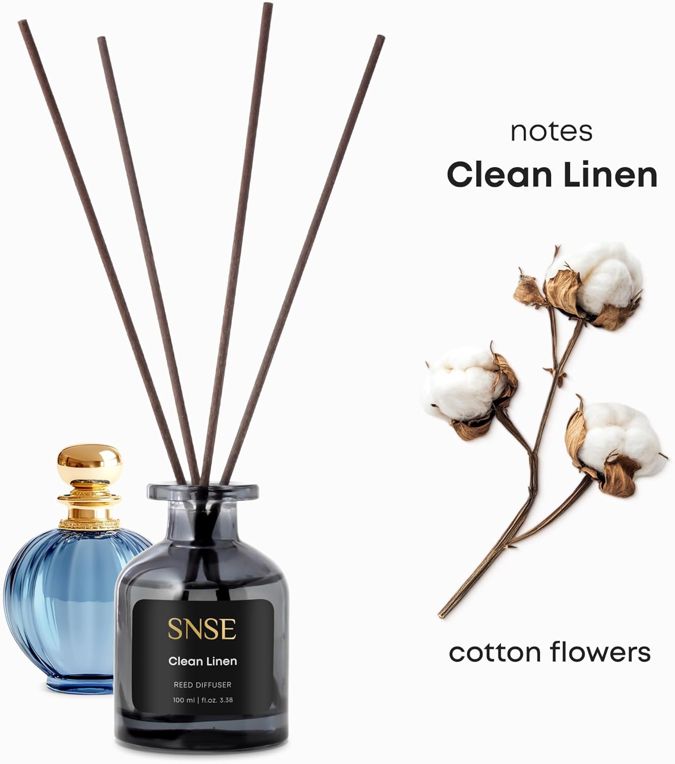 SNSE Clean Linen Reed Diffuser Set | 3.38 oz Scent Fragrance Oil Diffuser for Bedroom, Bathroom, Home Décor and Gift, Decorative Air Fresheners with Sticks