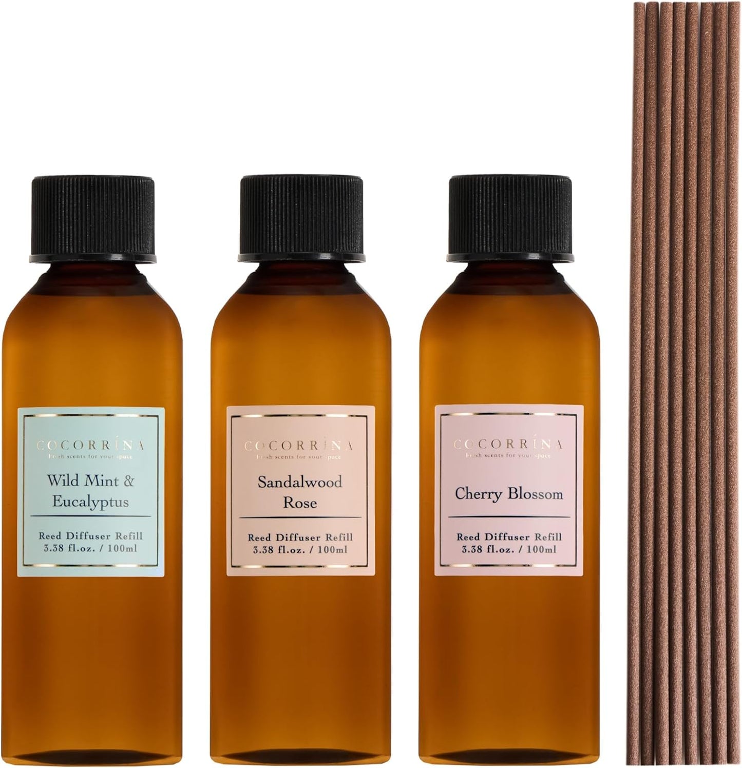 COCORRÍNA Reed Diffuser Refill Set, 10.2oz Scented Oil Refill 3 Pack, Clean Linen, Ocean Mist, Eucalyptus & Moss, Long Lasting Oil Diffuser Refill with 18 Sticks for Bathroom & Bedroom