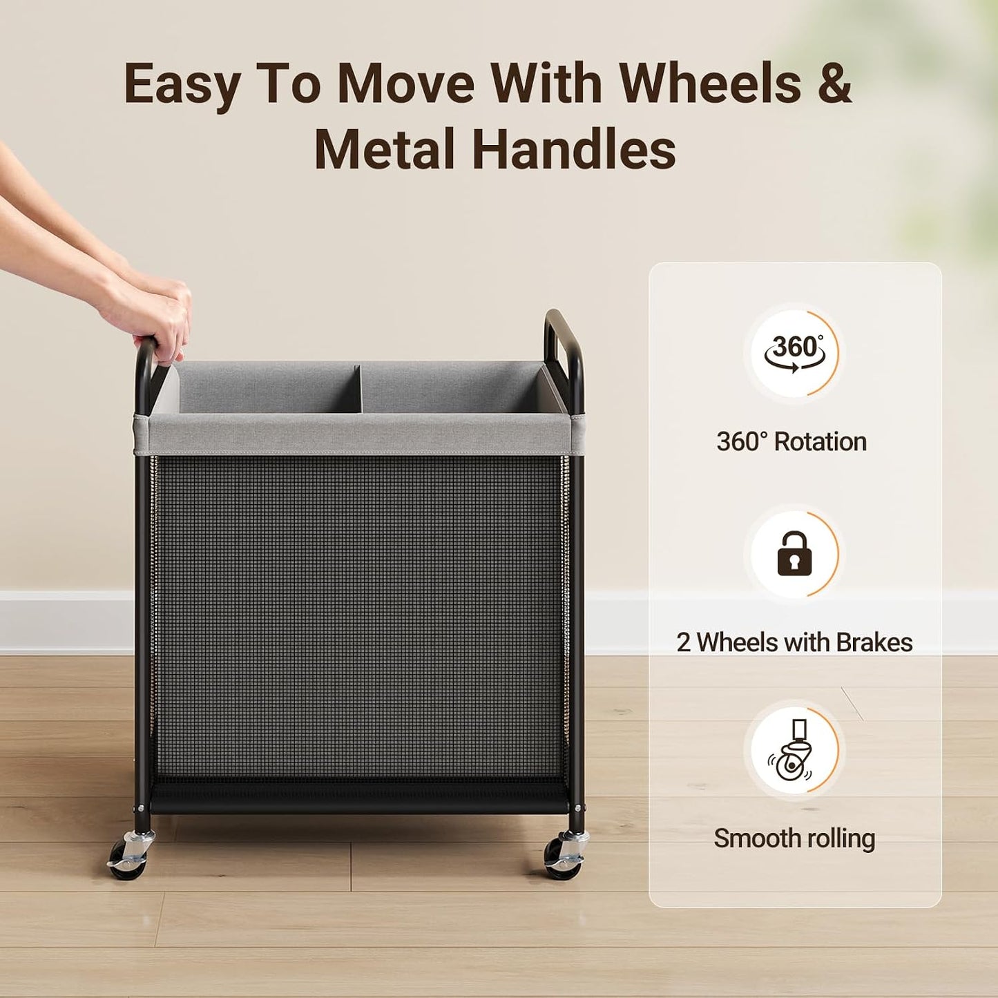 ELYKEN Laundry Hamper 3 Section, 120L Rolling Laundry Sorter with Removable Liner Bag, Laundry Basket with Wheels, Steel Frame with Metal Handle, Clothes Hamper Cart for Laundry Room & Bedroom