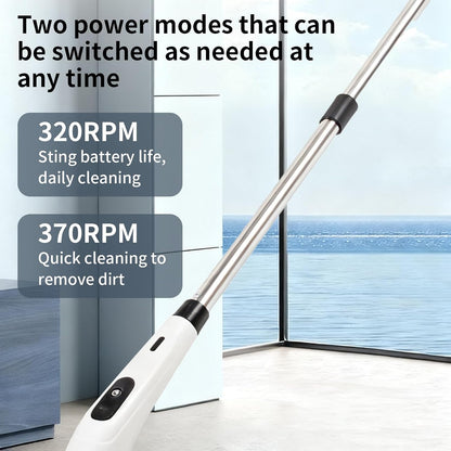 Rechargeable Electric Spin Scrubber, Waterproof Power Cleaner with 7 Brush Heads,1 Window Squeegee,2 Speeds Adjustable Long Handle for Bathroom, Floor, Shower, Tile & Kitchen Cleaning (White)