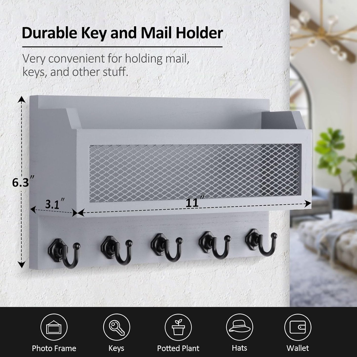 Nekon Mail and Key Holder for Wall Decorative, 11 Inch Wooden Wall Key Organizer with 5 Key Hooks, Wall Mount Storage Shelf for Entryway Hallway (Brown)