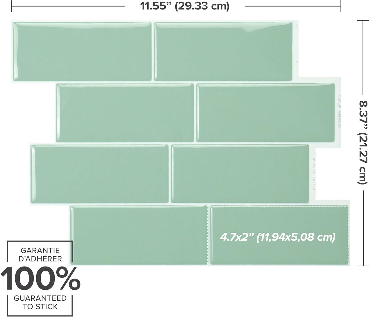 Smart Tiles Peel and Stick backsplash, Subway Teal Green, 11.55"x8.38" | Pack of 5 (2.8 sq ft), Glossy, Heat/Moisture Resistant, Low VOC, Kitchen/Bathroom, Renter Friendly, Made in Canada