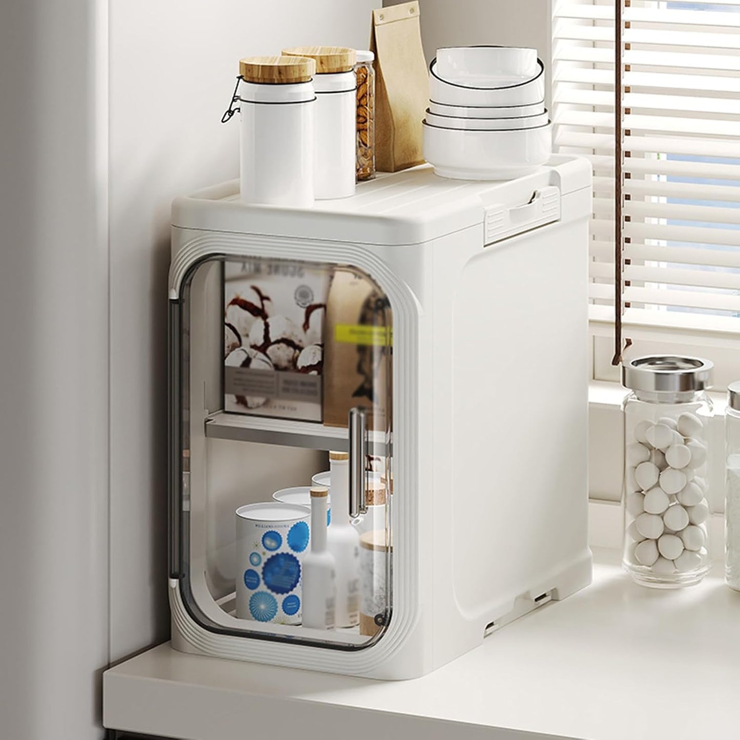 4-Tier Stackable Narrow Storage Cabinet with Wheels and Doors,Slim Plastic Rolling Cart with Adjustable Shelves,Foldable Floor Cabinets for Small Space, Bathroom,Kitchen,Beige