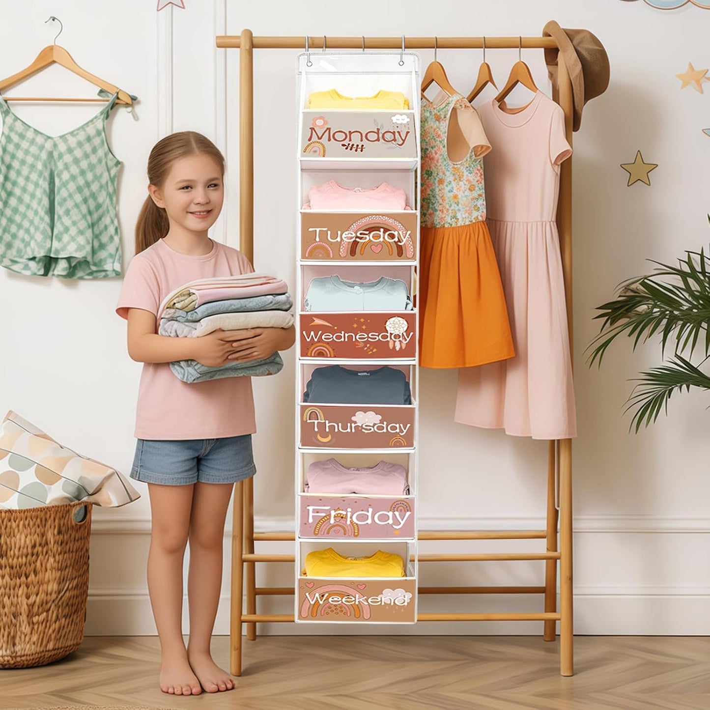 2 Pack Weekly Clothes Organizer for Kids, 6 Shelf Hanging Closet Organizer with Clear Window, Foldable Days of the Week Over the Door Outfit Organizer with Labels for Closet School