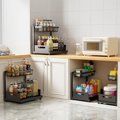 Saydear Under Sink Organizer Storage 2-Tier Premium Metal Pull-Out Kitchen Cabinet Organizer with Sliding Drawer, Height Adjustable, Heavy Duty for Kitchen & Bathroom Organizers 2 Pack Black