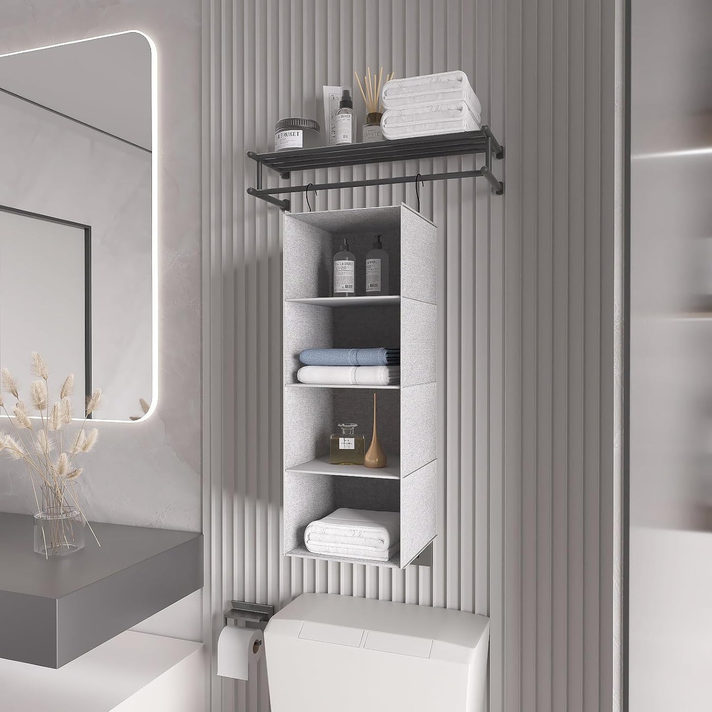 Hanging Closet Organizer 3-Shelf, Oxford Fabric Wardrobe Storage, Gray | Easy-mount foldable design holds clothes, handbags, shoes & accessories; washable Oxford fabric, sturdy and space-saving.