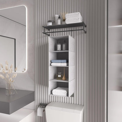 Hanging Closet Organizer 3-Shelf, Oxford Fabric Wardrobe Storage, Gray | Easy-mount foldable design holds clothes, handbags, shoes & accessories; washable Oxford fabric, sturdy and space-saving.