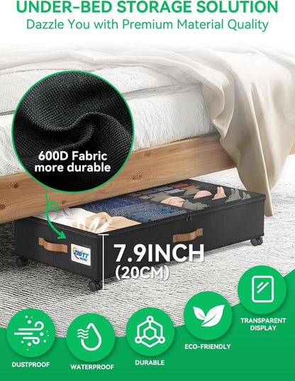 Under Bed Storage with Wheels, 2-Pack 58L Under the Bed Storage Containers with Lids, 1-Pack 15L Box, Organizer Bins Rolling Underbed Storage for Clothes, Underwear, Socks, Shoes - Delicate