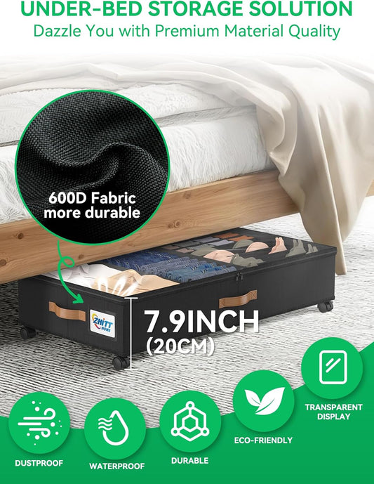 Under Bed Storage with Wheels, 2-Pack 58L Under the Bed Storage Containers with Lids, 1-Pack 15L Box, Organizer Bins Rolling Underbed Storage for Clothes, Underwear, Socks, Shoes - Delicate