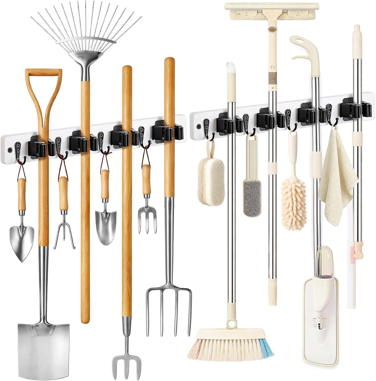 Lorbro 2 Pack Broom Holder Wall Mount, Wooden Broom and Mop Organizer Wall Hanging, Mop Hanger Rack with 4 Slots & 4 Hooks, Tool Organizer for Laundry Room, Closet, Garage, Kitchen