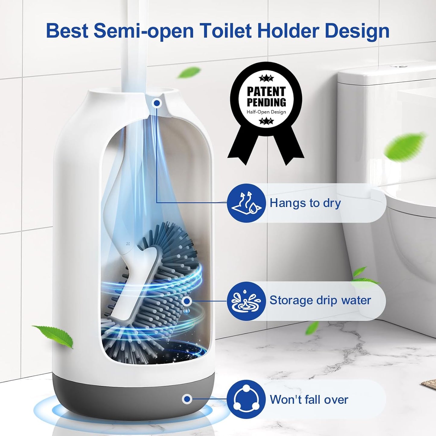 HAMITOR Toilet Bowl Brush Holder Set: Deep Cleaning Silicone Toilet Cleaner Scrubber Under Rim with Curved Bristle for Bathroom Dead Corner Clean - Modern Rv Toilet Decorative Accessories - White