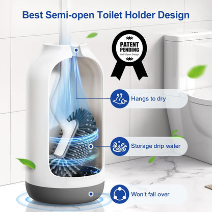 HAMITOR Toilet Bowl Brush Holder Set: Deep Cleaning Silicone Toilet Cleaner Scrubber Under Rim with Curved Bristle for Bathroom Dead Corner Clean - Modern Rv Toilet Decorative Accessories - White