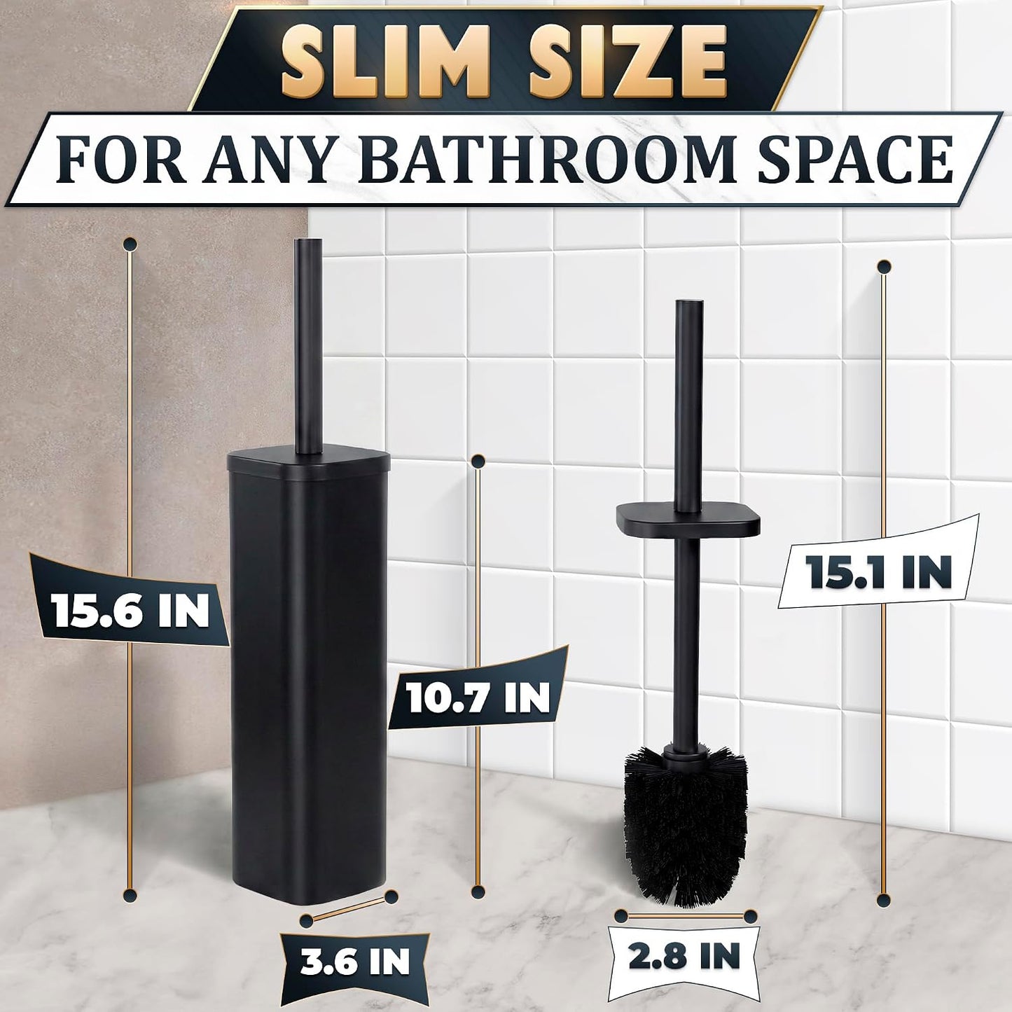Black Toilet Brush and Holder Set - Slim Matte Design that Fits Anywhere - Stainless Steel Toilet Bowl Brush and Holder with 2 Rounded Corners, Replaceable Head, Removable Inner Bowl & Splash Guard