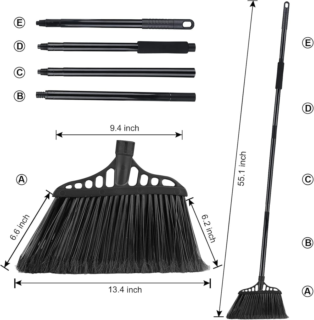 Tiumso Heavy Duty Angle Broom - 55" Adjustable Iron Handle with Stiff Bristles - Commercial-Grade Indoor/Outdoor Broom for Garage, Patio, Kitchen, Sidewalk & Concrete Cleaning (Black & Red)