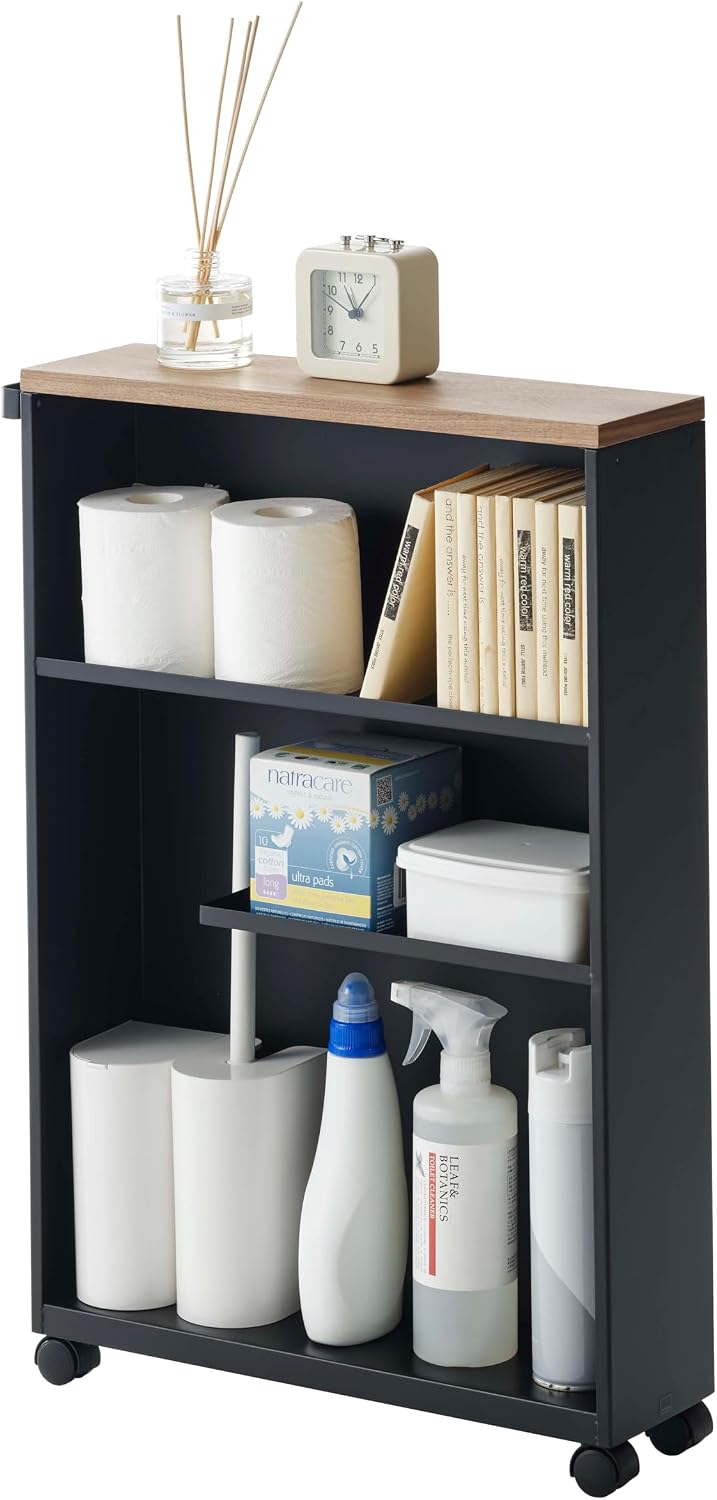 Yamazaki Home Slim Rolling Storage Cart – Narrow Bathroom Storage Cabinet With Handle, Slim Bathroom Storage Cart With Wheels, Easy Assembly, Steel + Wood, White, 27" - Steel -