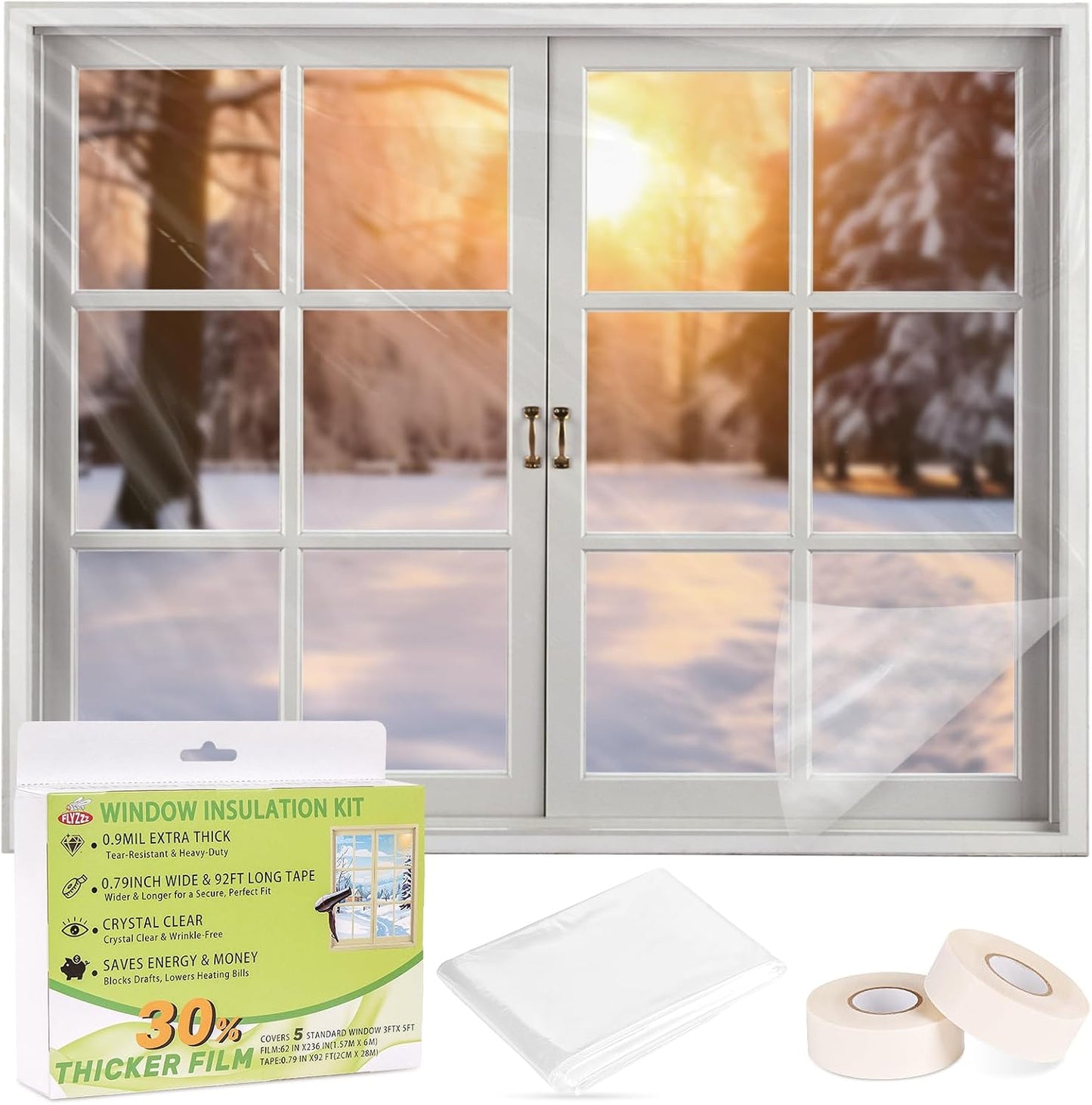 FLYZZZ Patio Door Window Insulation Kit, 84X120in Heavy Duty (0.9 Mil) Winter Shrink Film, Indoor Plastic Covering with Wide Tape for One Standard Patio Door/Extra Large Window