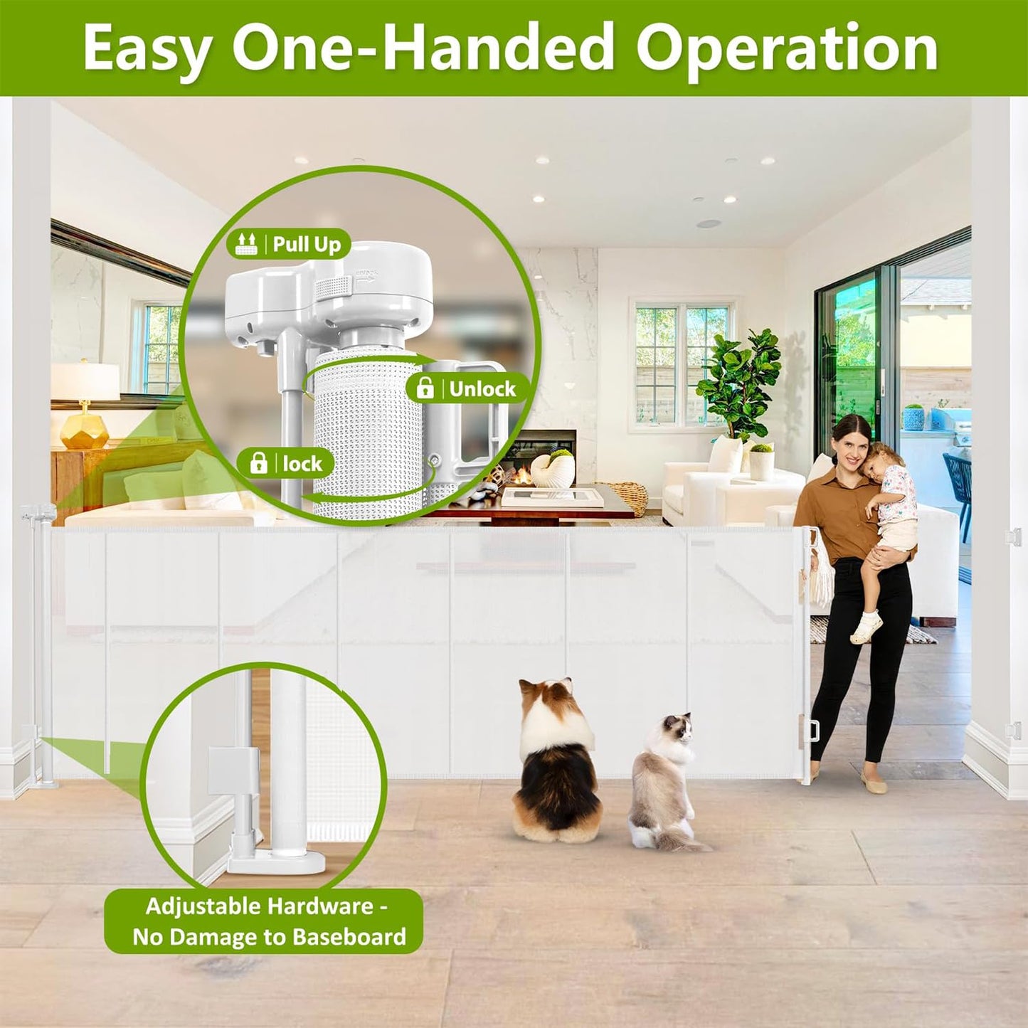 Newly Enhanced - 42" Tall × 120" Extra Wide Retractable Baby Gate Keeps Pets from Getting Under Tall Dog Gate, Indoor/Outdoor Baby Gates for Dogs, Retractable Dog Gate for Large Openings, White