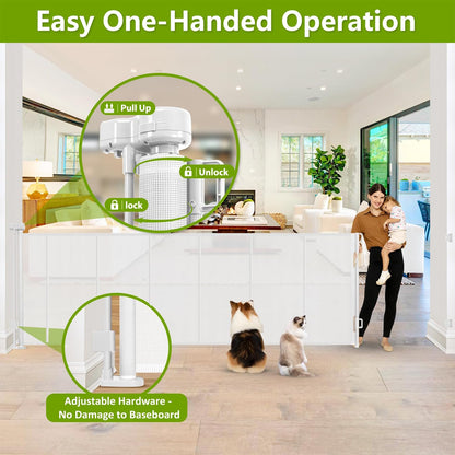 Newly Enhanced - 42" Tall × 120" Extra Wide Retractable Baby Gate Keeps Pets from Getting Under Tall Dog Gate, Indoor/Outdoor Baby Gates for Dogs, Retractable Dog Gate for Large Openings, White