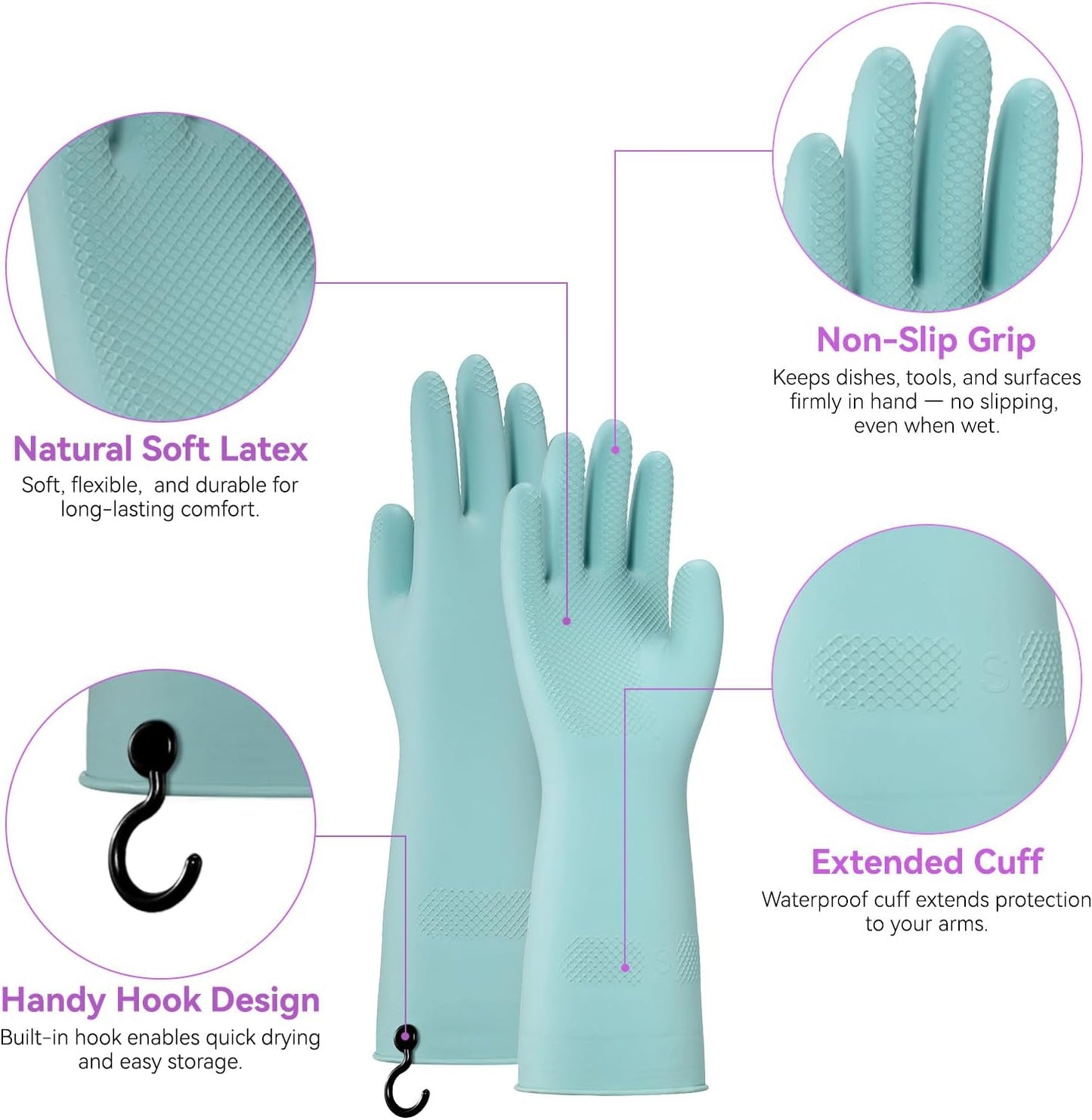 Dishwashing Rubber Gloves for Cleaning – 4 Pairs Kitchen Gloves with Handing Hooks Washing Dishes Household Glove - Large